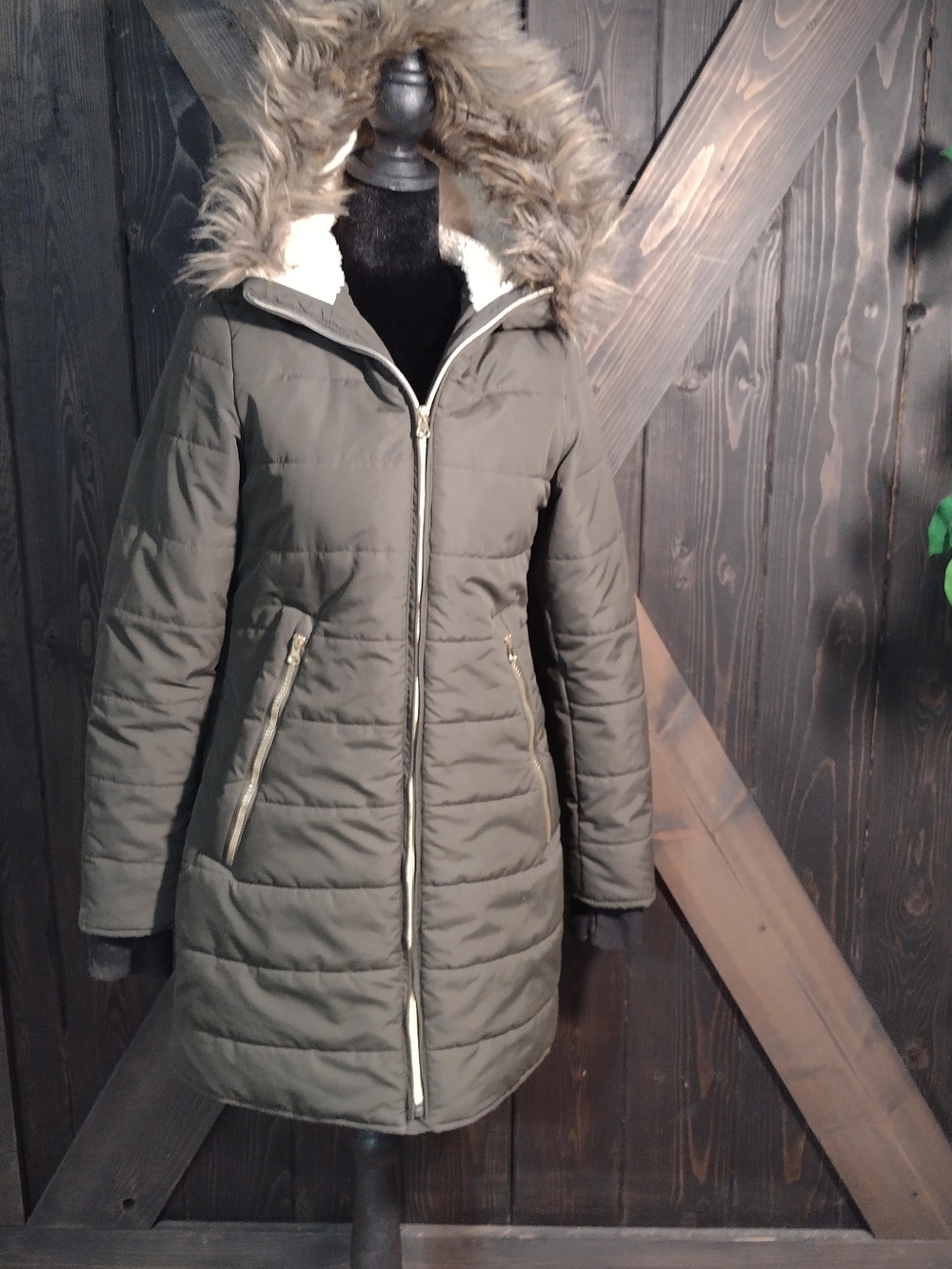 Maralyn & Me Olive Green Quilted Hooded Puffer Coat with Faux Fur Trim